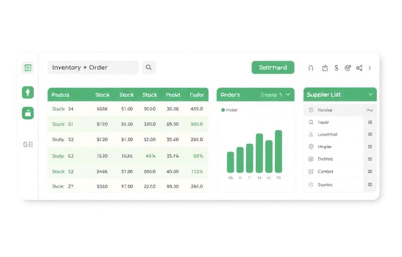 Mockup of an inventory and order dashboard with stock counts and a weekly chart.