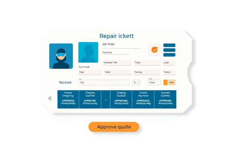 Mockup of a repair shop ticket with status timeline and quote approval.